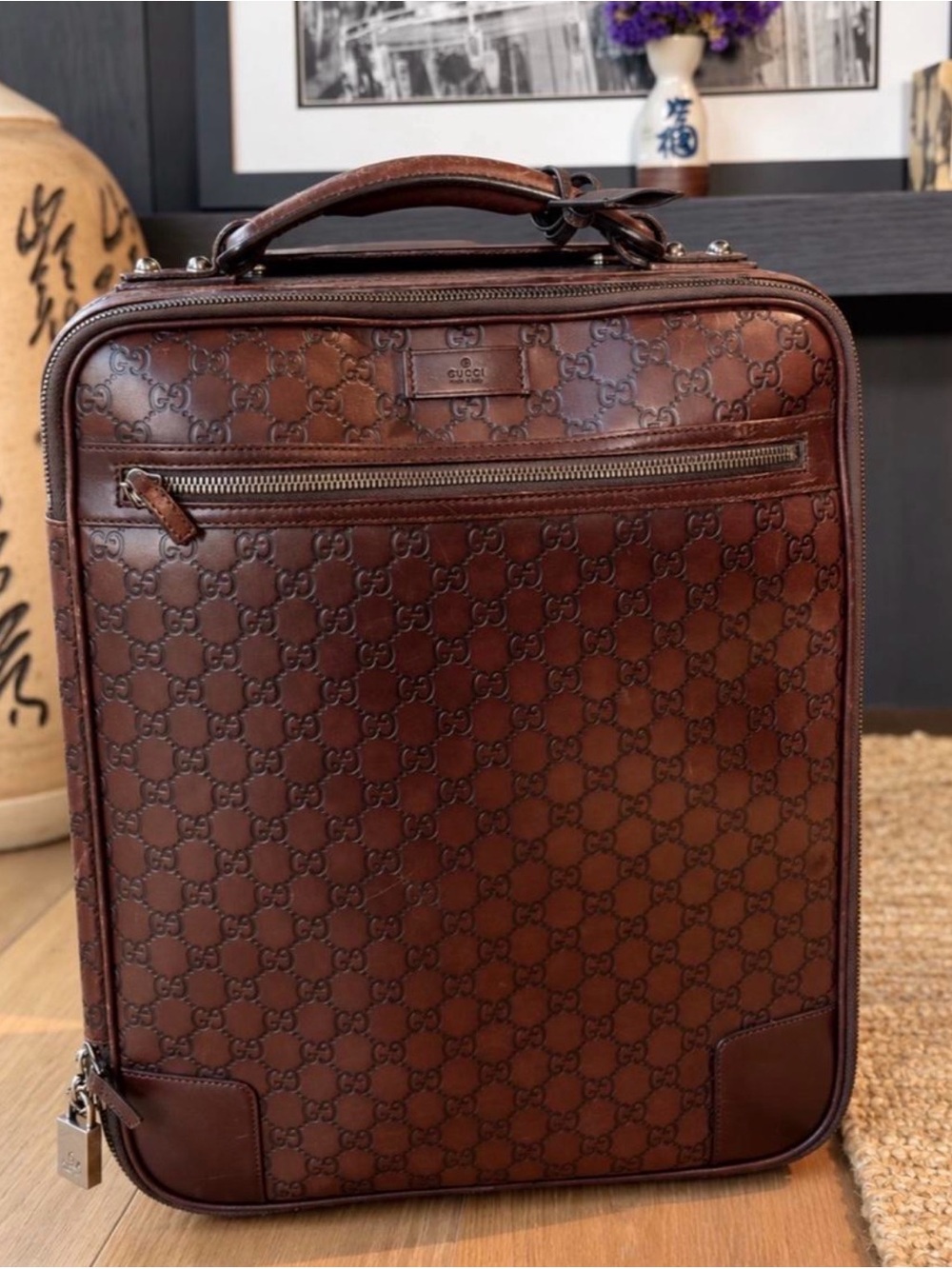 Gucci Burgundy Embossed GG Leather carry on suitcase